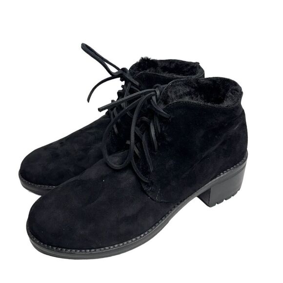 Lavorazione Ankle Booties Womens US 7 Black Leather Shearling Lace Up Block Heel - Picture 1 of 12